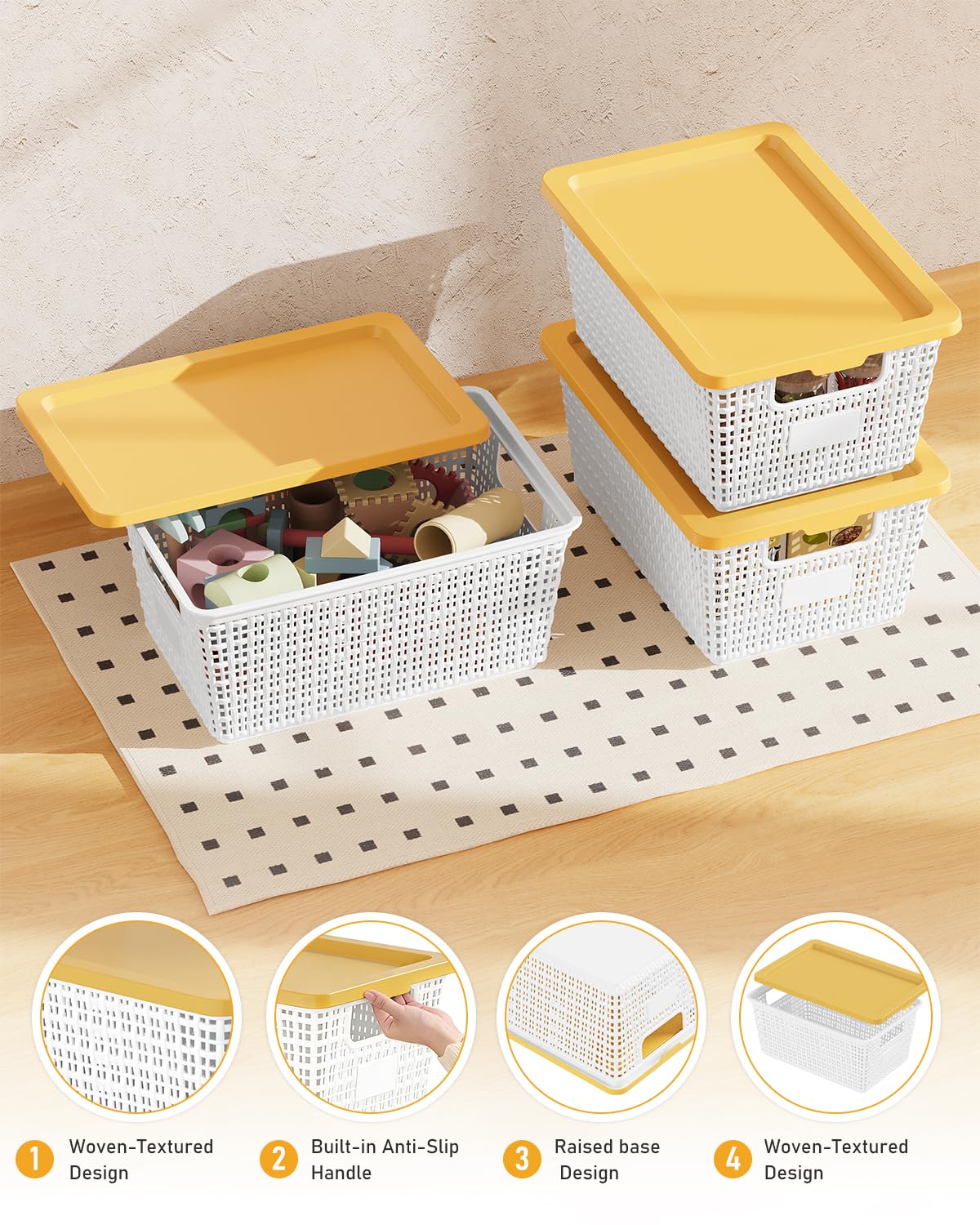 EOENVIVS bins on shelves illustrate right-size design for medicine cabinets and office supplies.