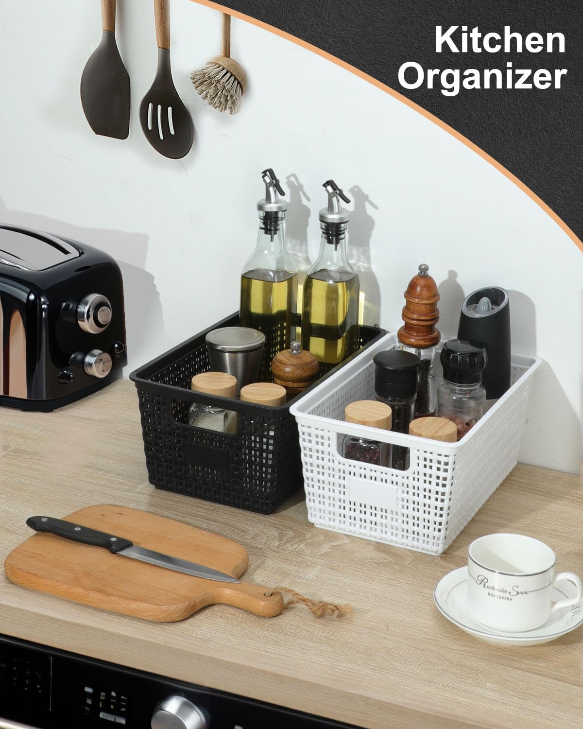 EOENVIVS multi-purpose storage baskets in kitchen and bathroom.