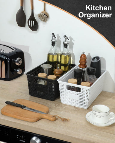 EOENVIVS multi-purpose storage baskets in kitchen and bathroom.