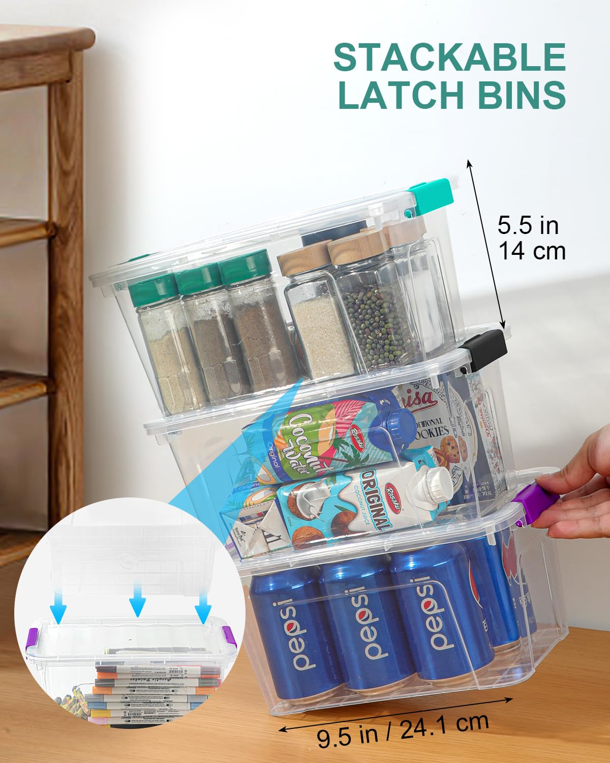 EOENVIVS secure lids support organized stacking on shelves.