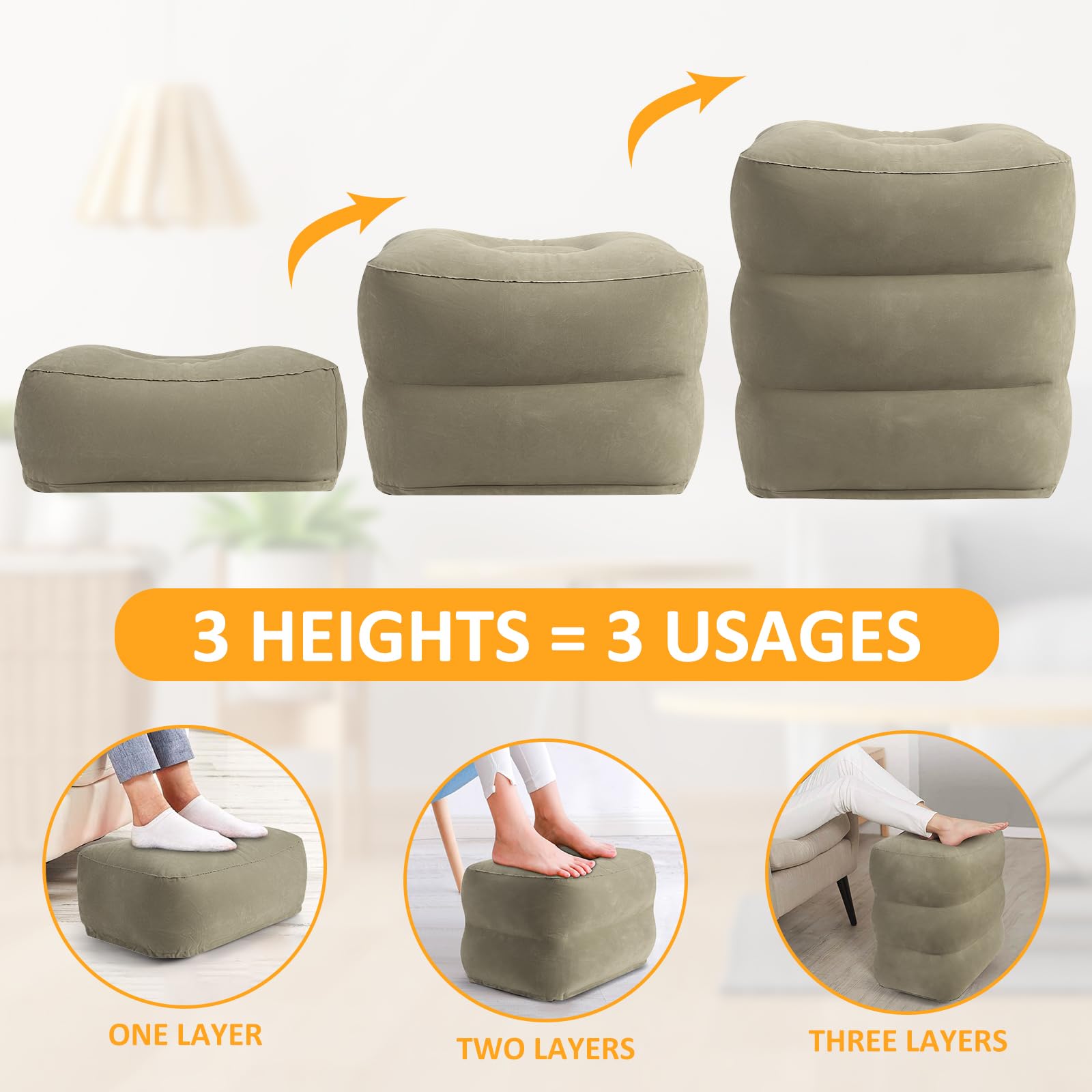 Eooqi foot rest with two-chamber valve inflates quietly for quick travel setup.