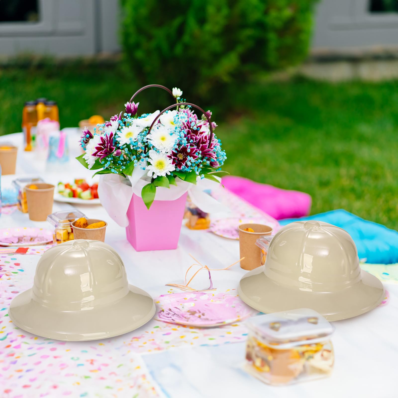 Eorbow safari-themed party hats in action at a jungle party.