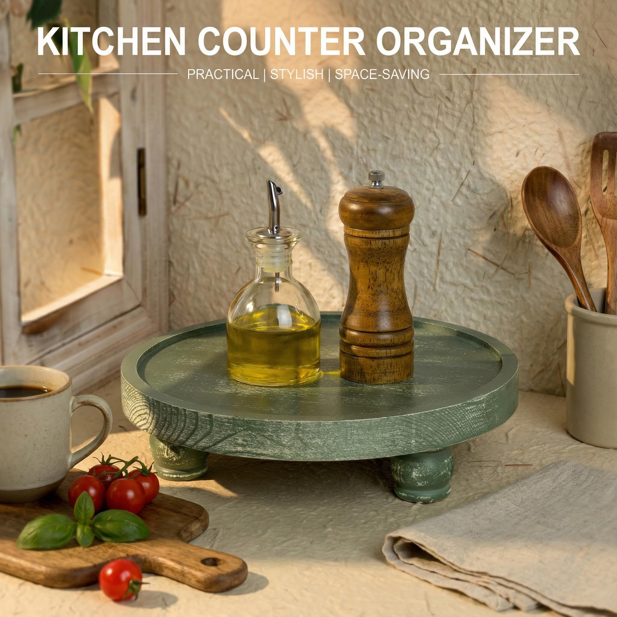 EOSAHR Green wood riser candle display keeps surfaces organized.