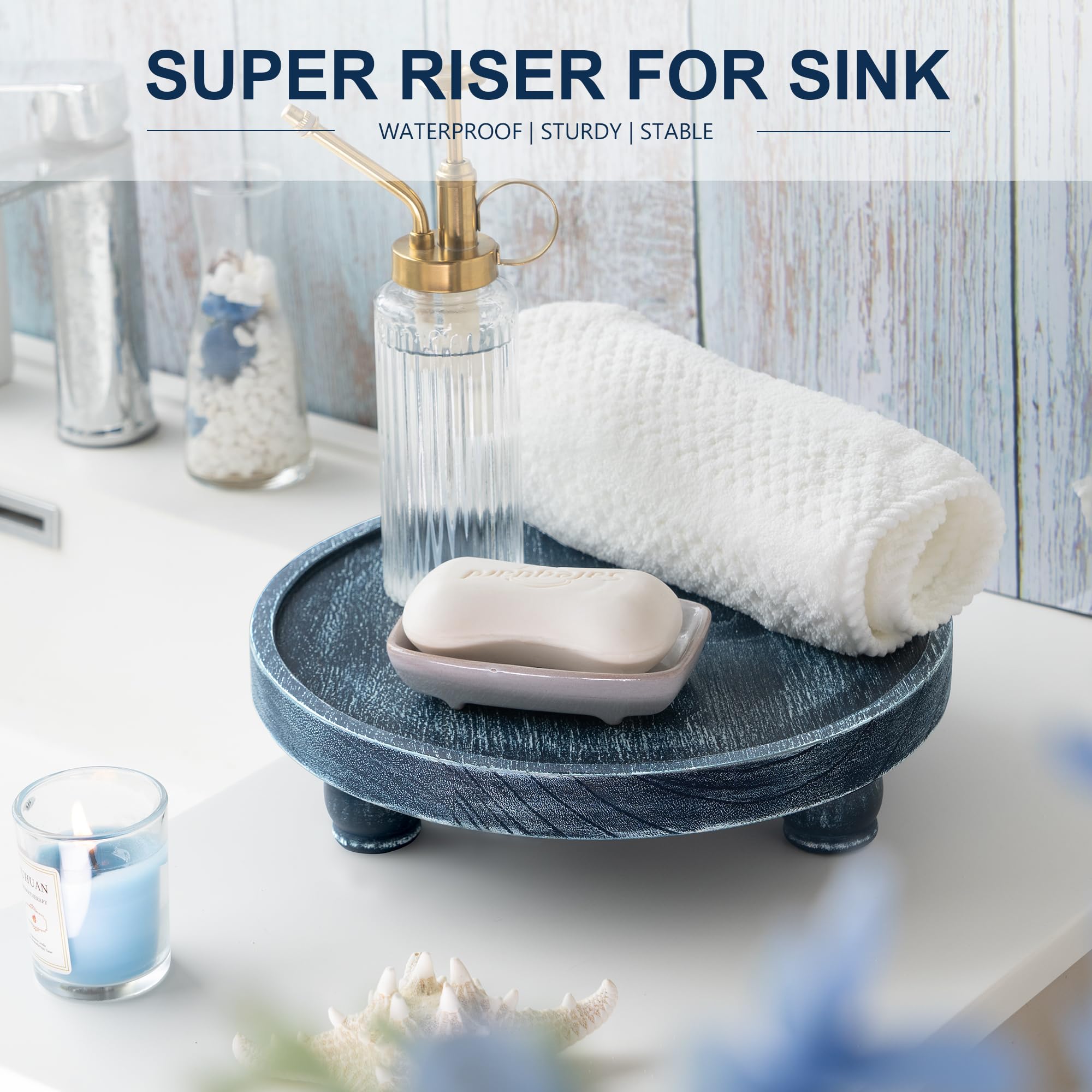 EOSAHR soap dispenser stand blue riser for organized bathrooms