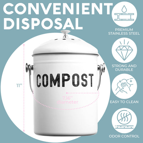 Epica compost bin dimensions show compact 7.16-inch diameter and 11-inch height.