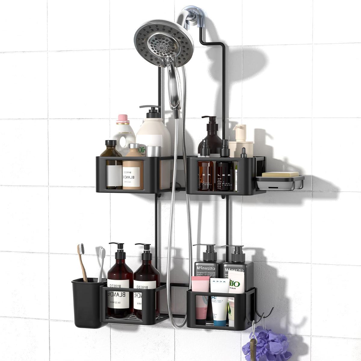 Epicano hanging shower caddy overarm with four baskets for organized toiletries.