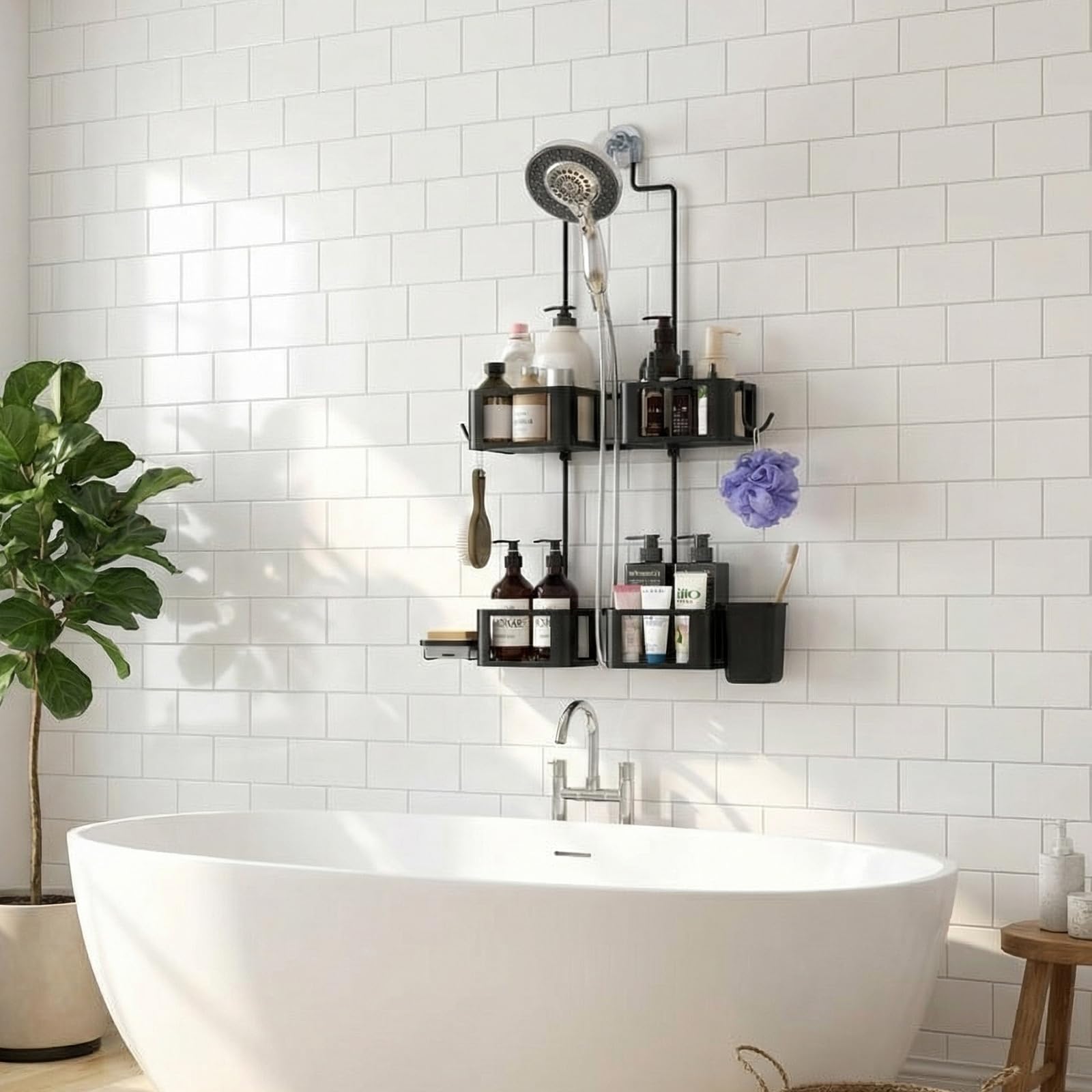 Epicano shower caddy with removable hooks for razors and loofahs.