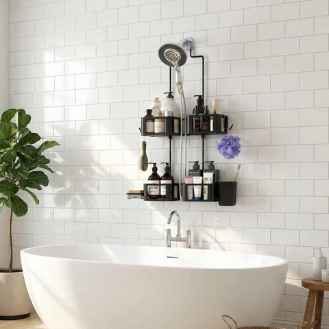 Epicano shower caddy with removable hooks for razors and loofahs.