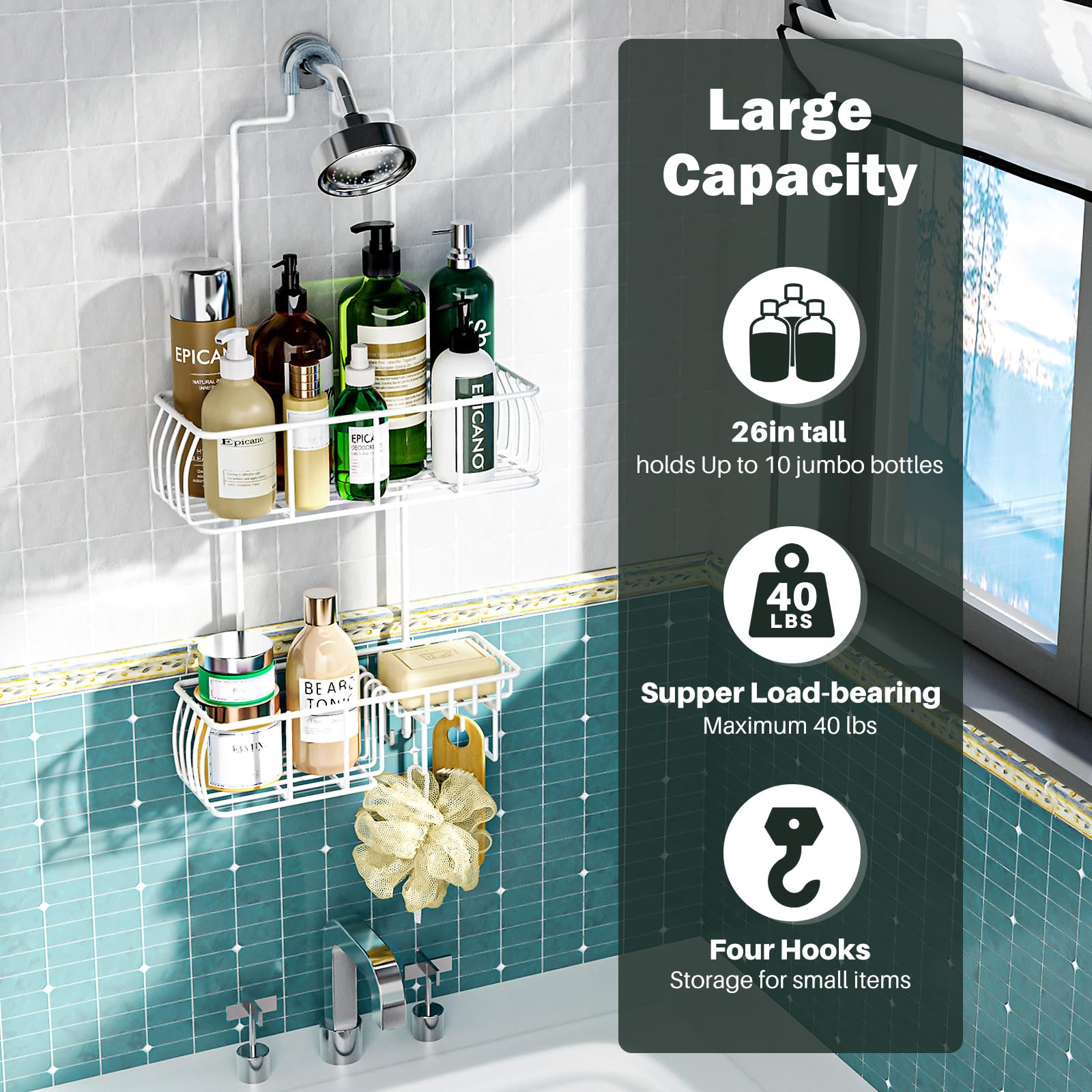 Epicano anti-swing setup shows stable installation under shower head.