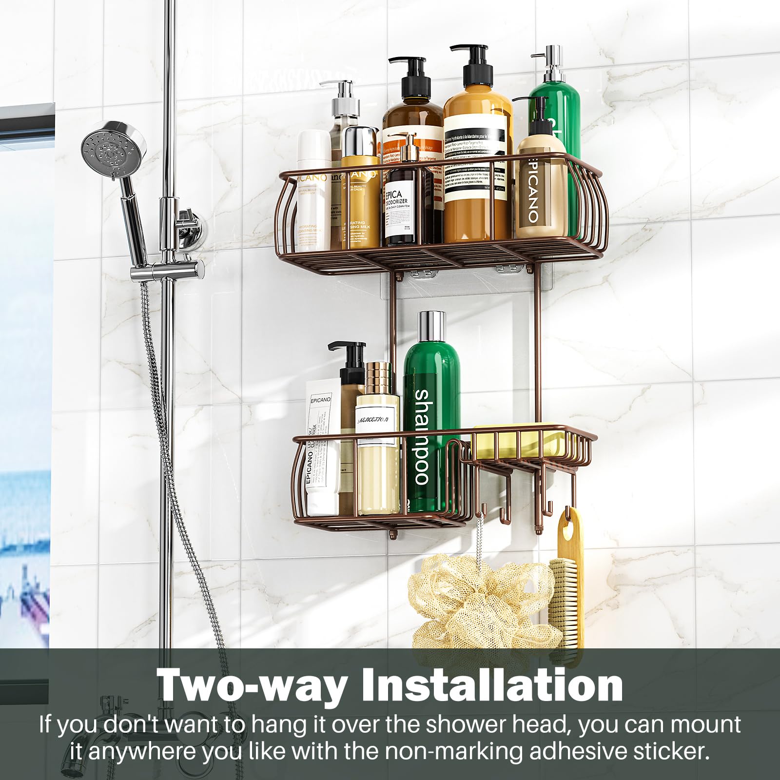 Epicano fits standard shower heads for quick, no-drill mounting