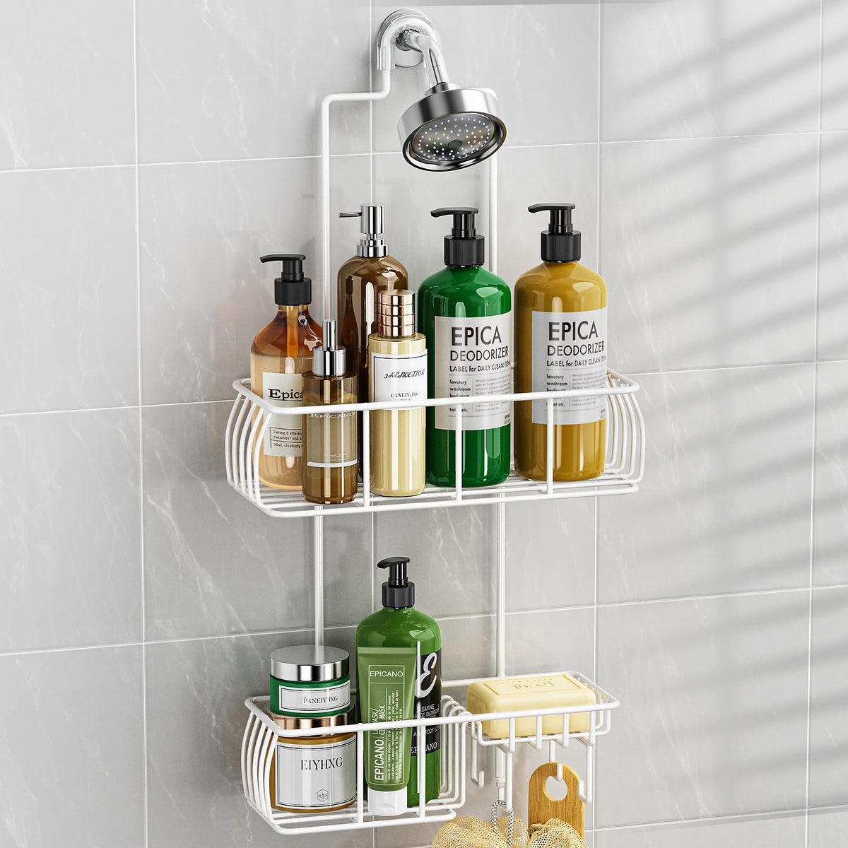 Epicano shower caddy hanging over head with anti-swing grip for stable storage.