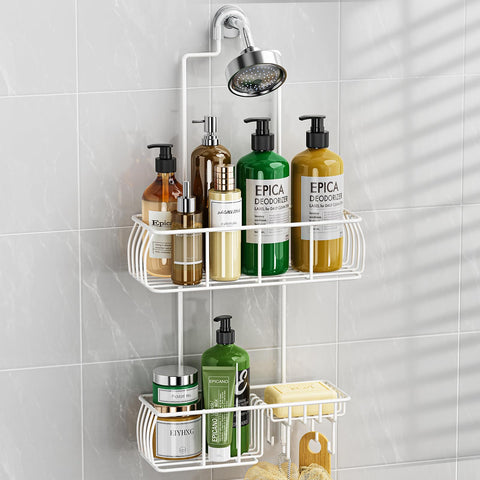 Epicano shower caddy hanging over head with anti-swing grip for stable storage.