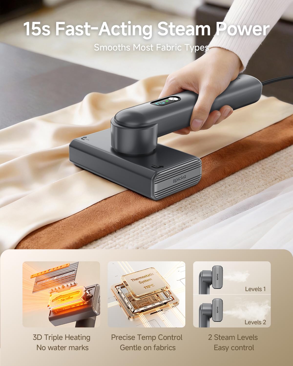 EPICKA dual voltage steamer flat iron mode for fabrics.