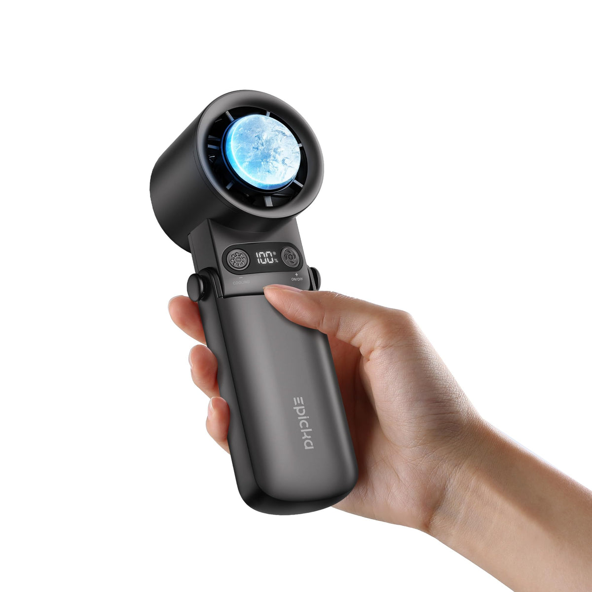 EPICKA portable handheld fan with ice cooler, front view, compact and travel-ready
