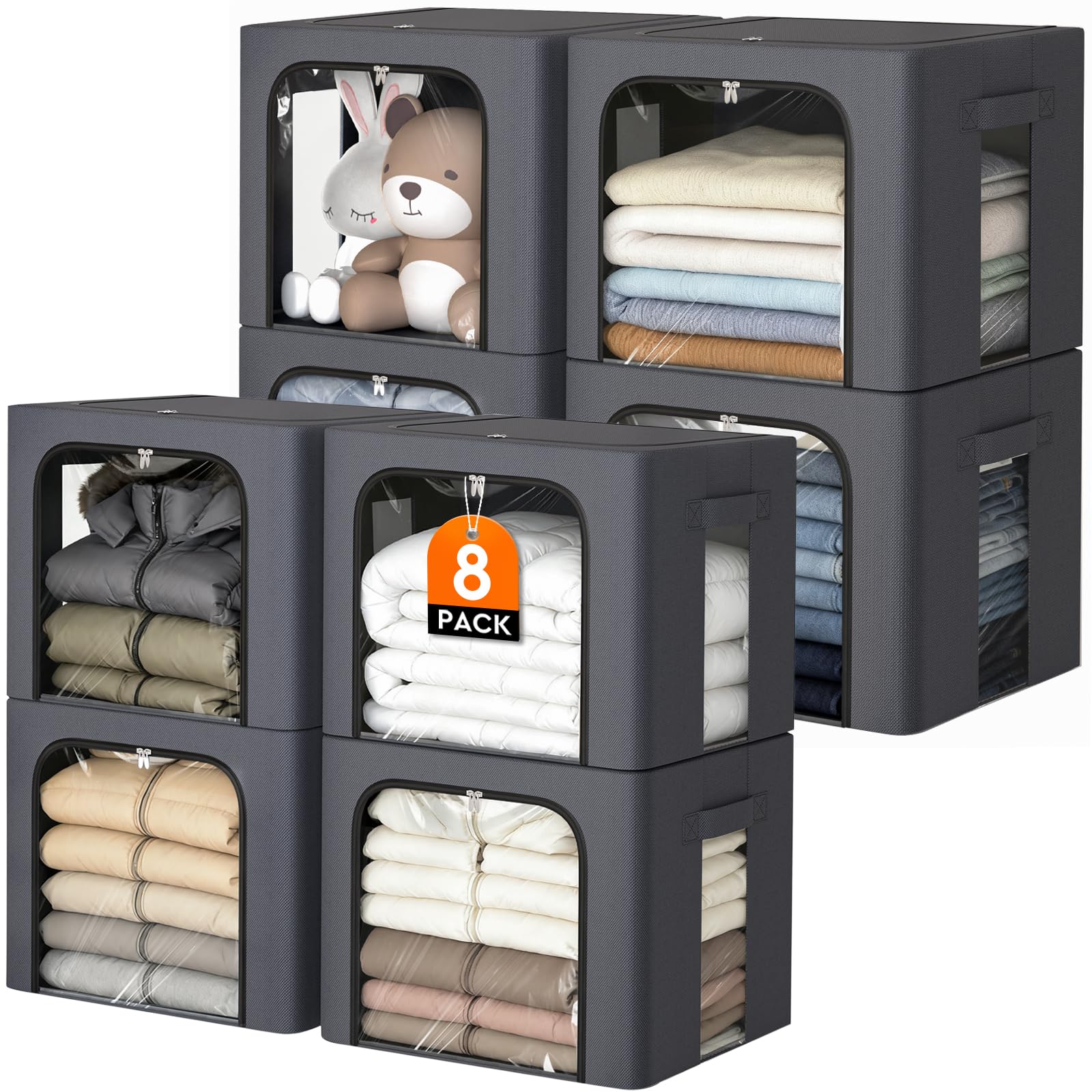 EpicTotes 8-pack storage bin with metal frame keeps shape for stable stacking.