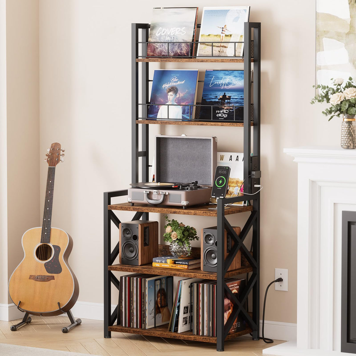 Epouseter turntable shelf showcases a clean, accessible vinyl setup.
