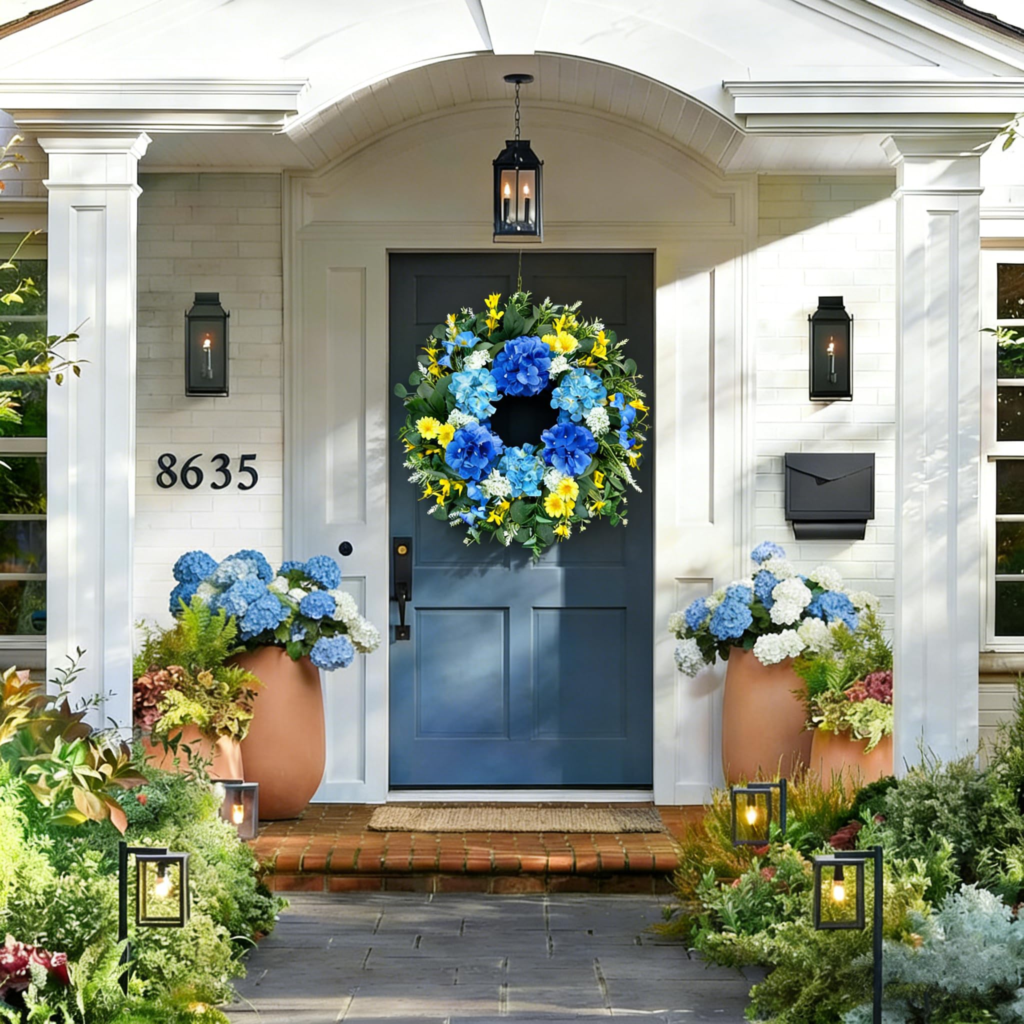 Eqanro front door wreath features hydrangea blooms and daisies for seasonal curb appeal.