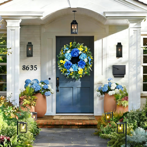 Eqanro front door wreath features hydrangea blooms and daisies for seasonal curb appeal.