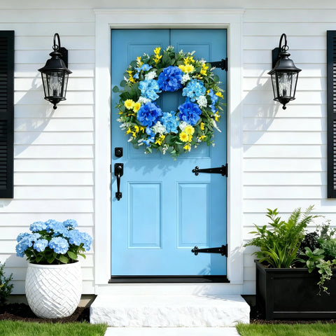 Eqanro indoor outdoor wreath blends hydrangea flowers for versatile home use.