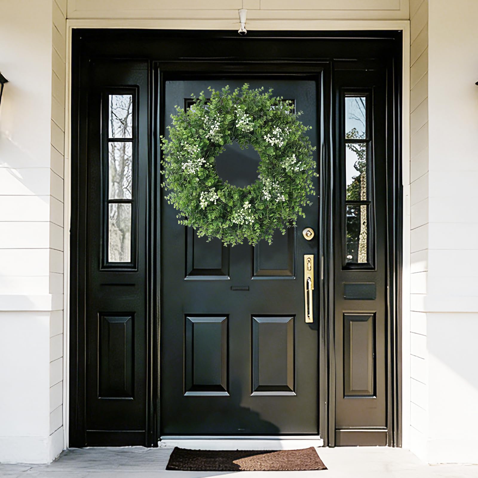 Eqanro large boxwood wreath on porch window enhances entryway aesthetics