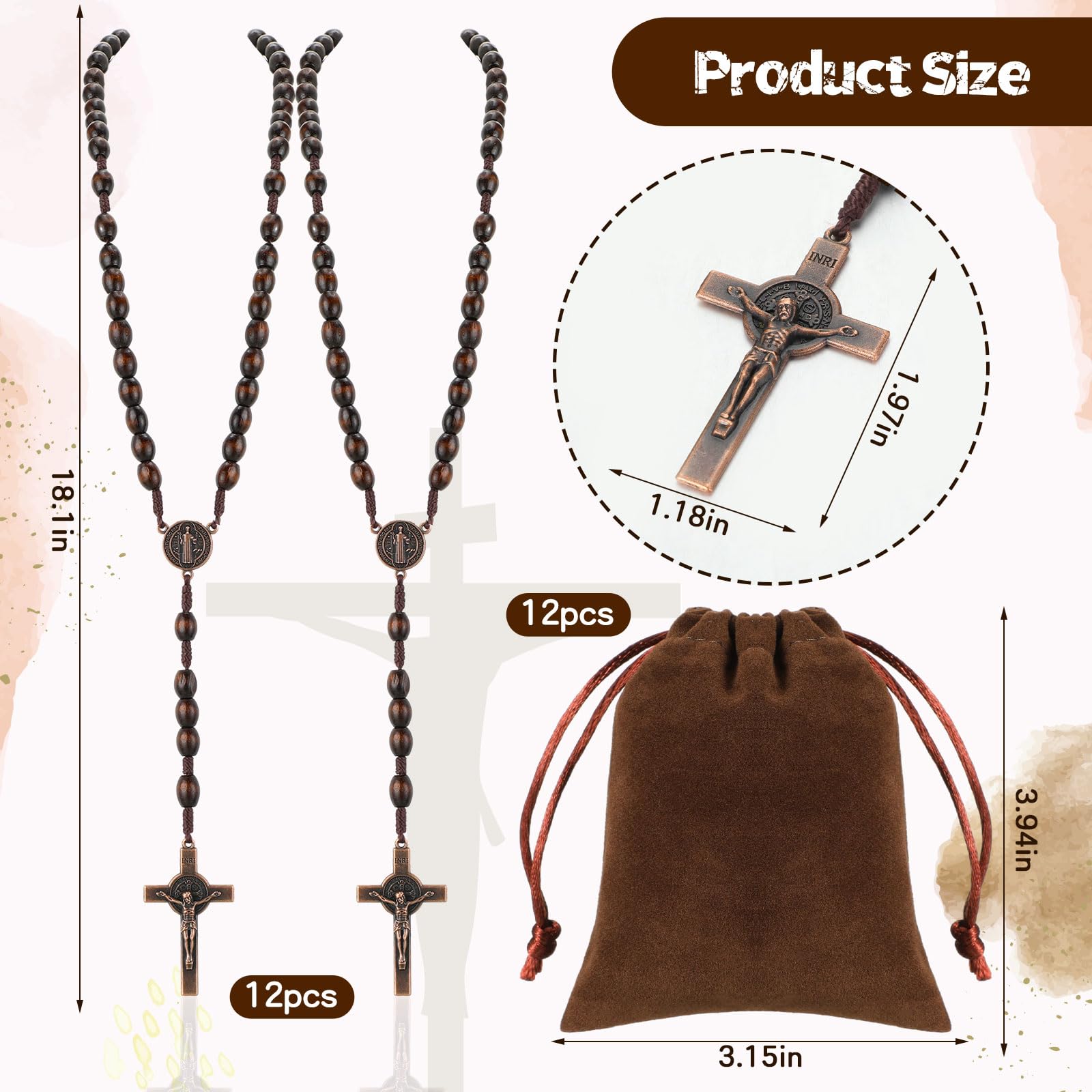 Equsion cross pendant detail on wood rosary, showcasing craftsmanship.