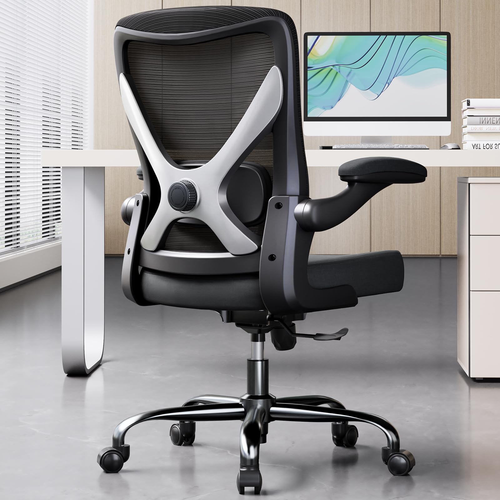 Ergalithic ergonomic chair showing adjustable lumbar pillow for posture support during long workdays.