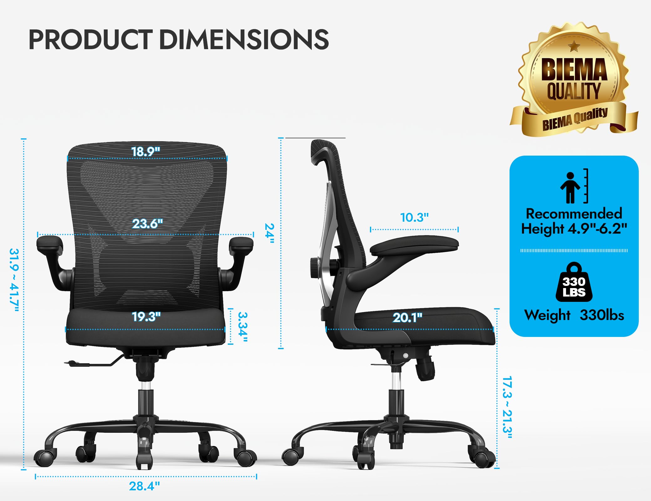 Ergalithic chair with a wide, breathable mesh seat for comfortable all-day use.