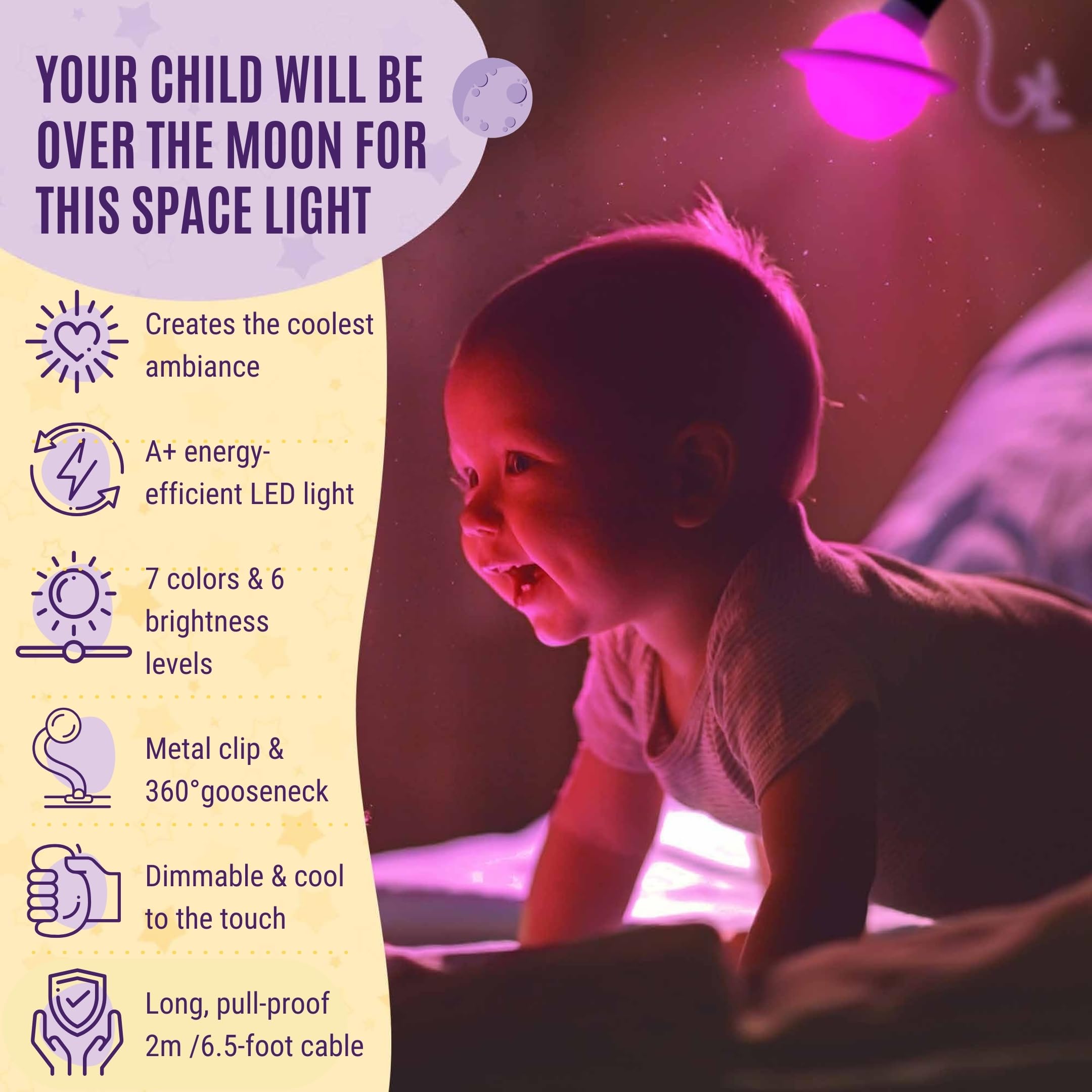 Ergojojo Saturn clip-on lamp offers 6 dimmable brightness levels.