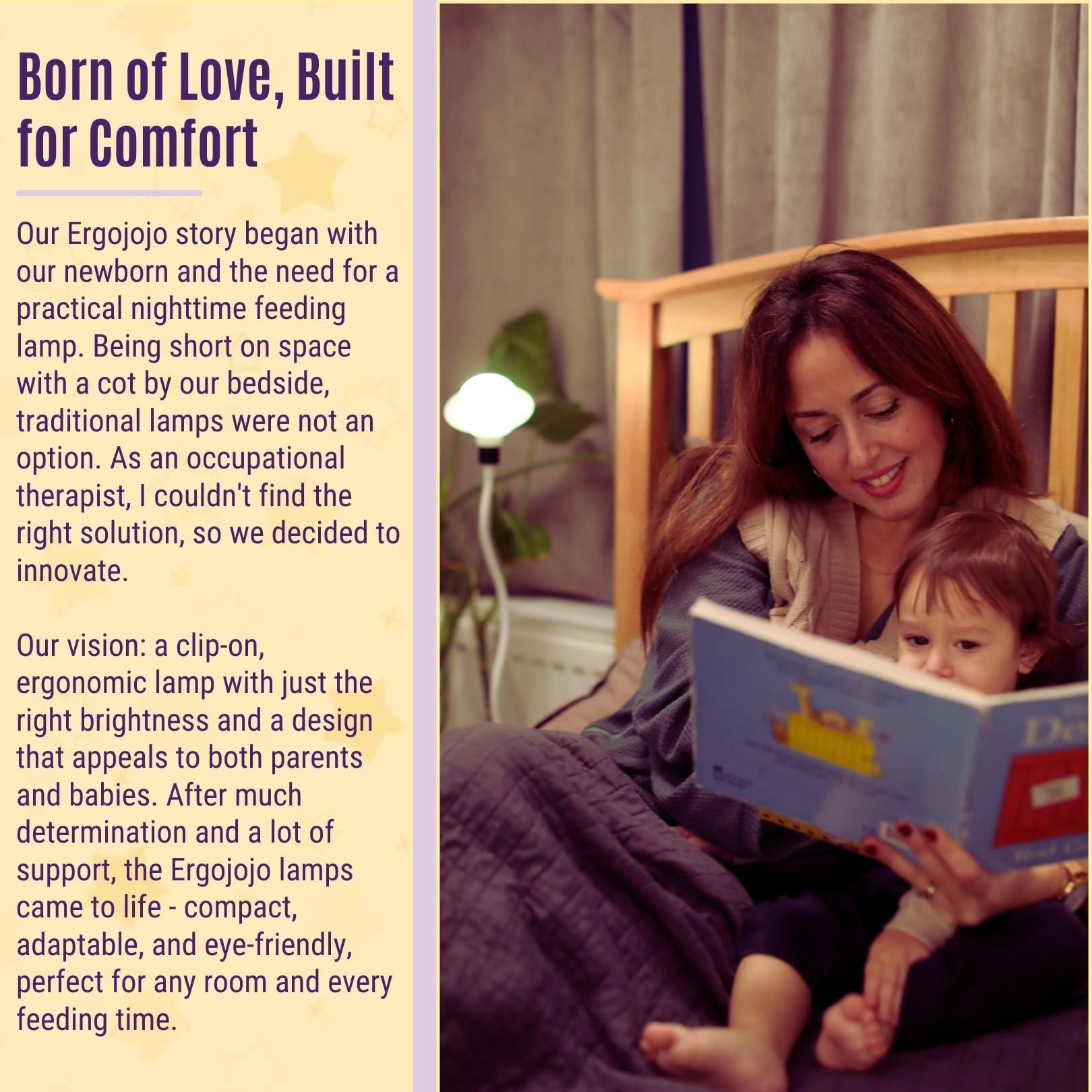 Ergojojo Saturn clip-on lamp supports nursing with a gentle glow.