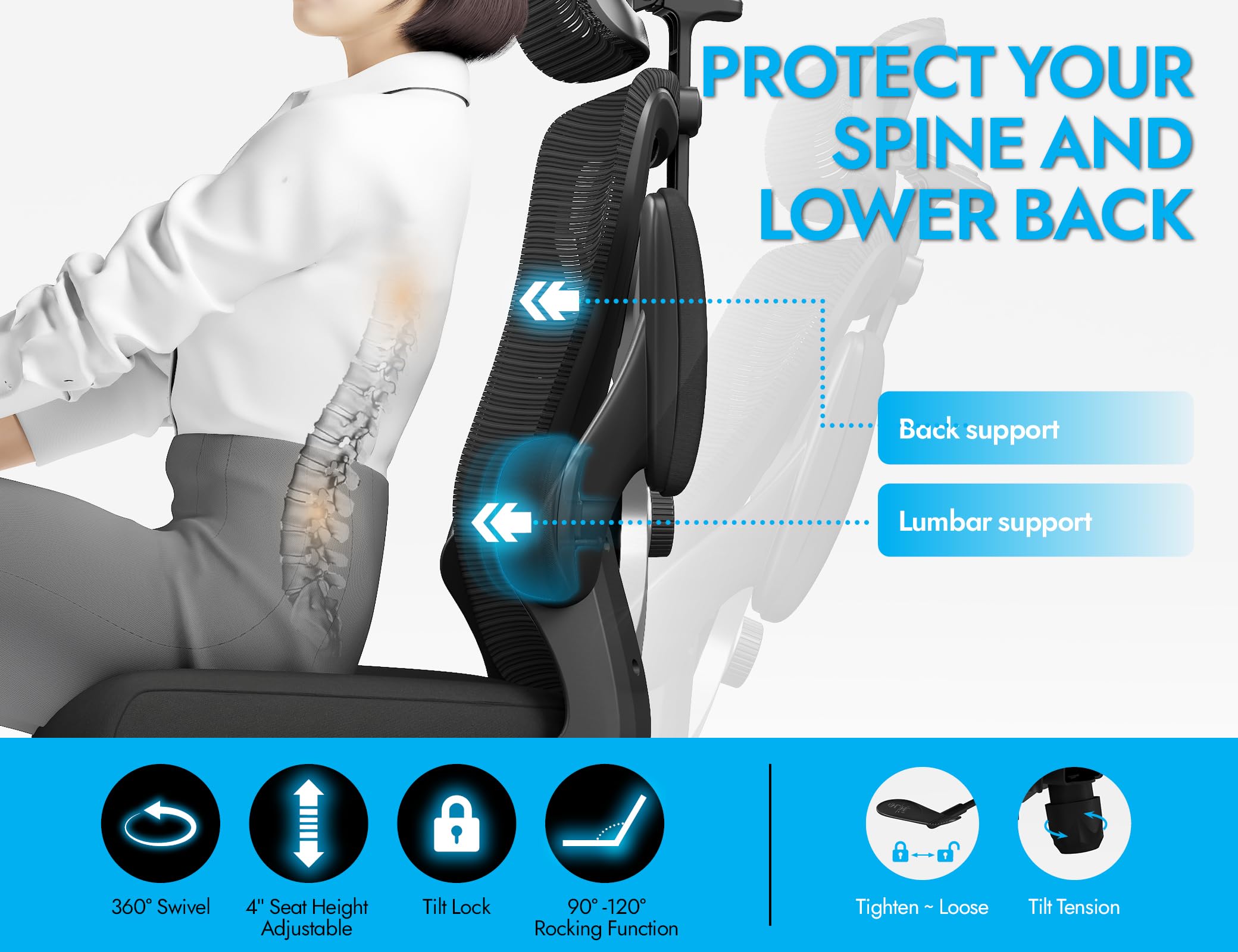 Ergalithic chair 3d-headrest adjusts for neck comfort.