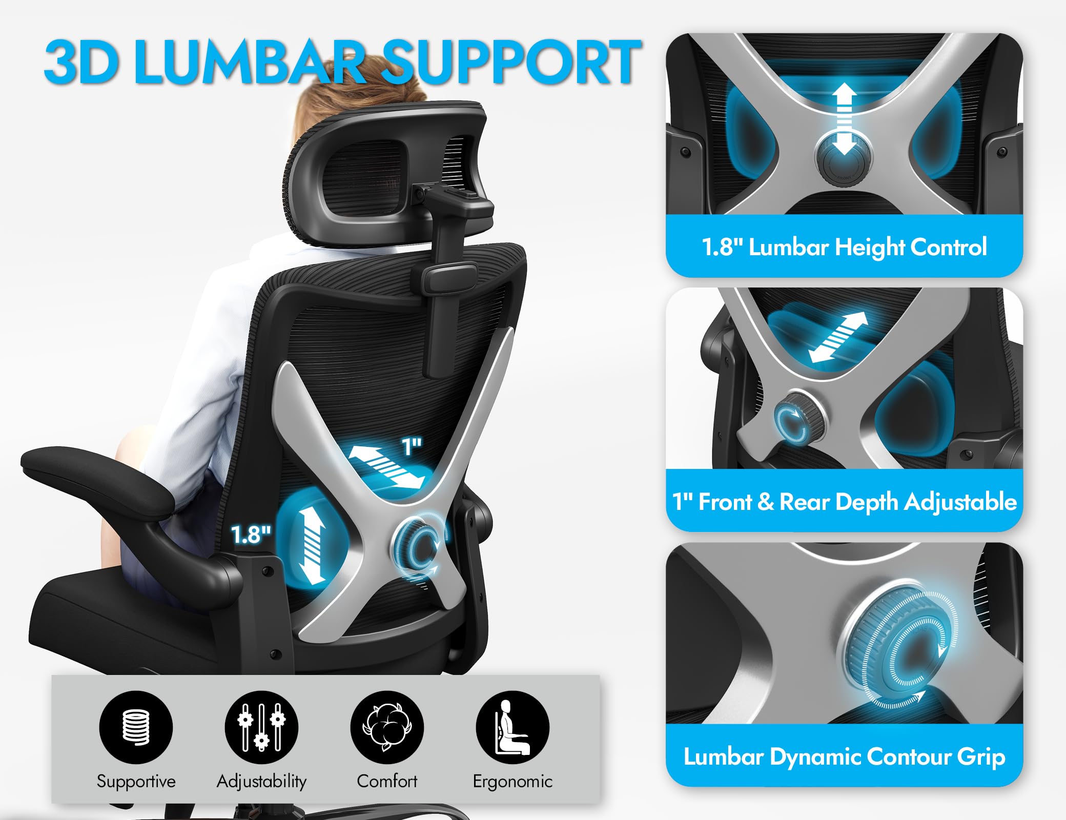 Ergalithic lumbar-pillow chair supports posture during long tasks.