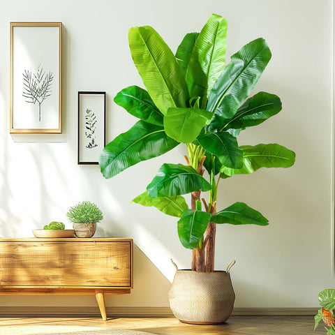 Erimda faux banana leaves provide tropical style with no maintenance