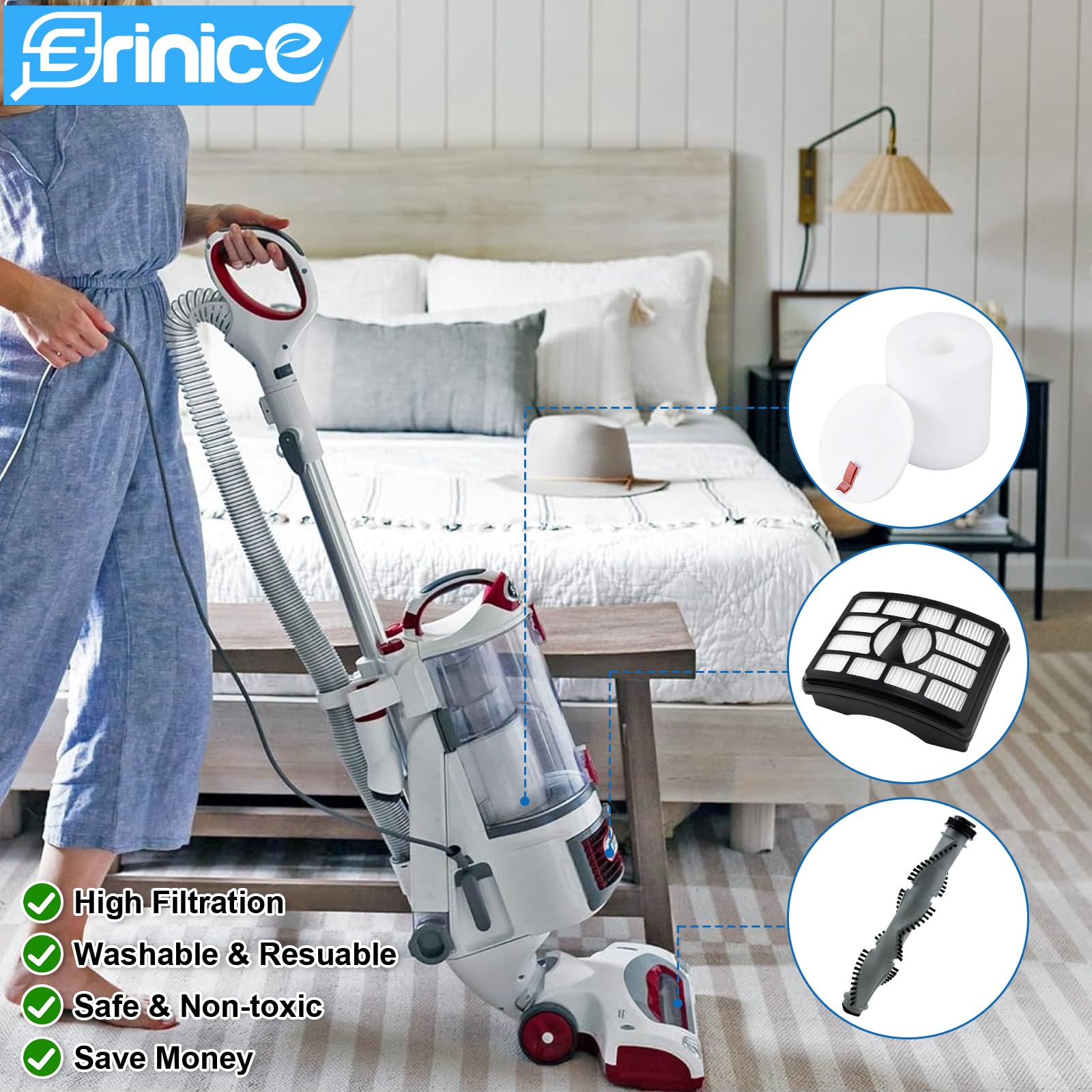 Erinice cleaning brush included for thorough debris removal during maintenance.
