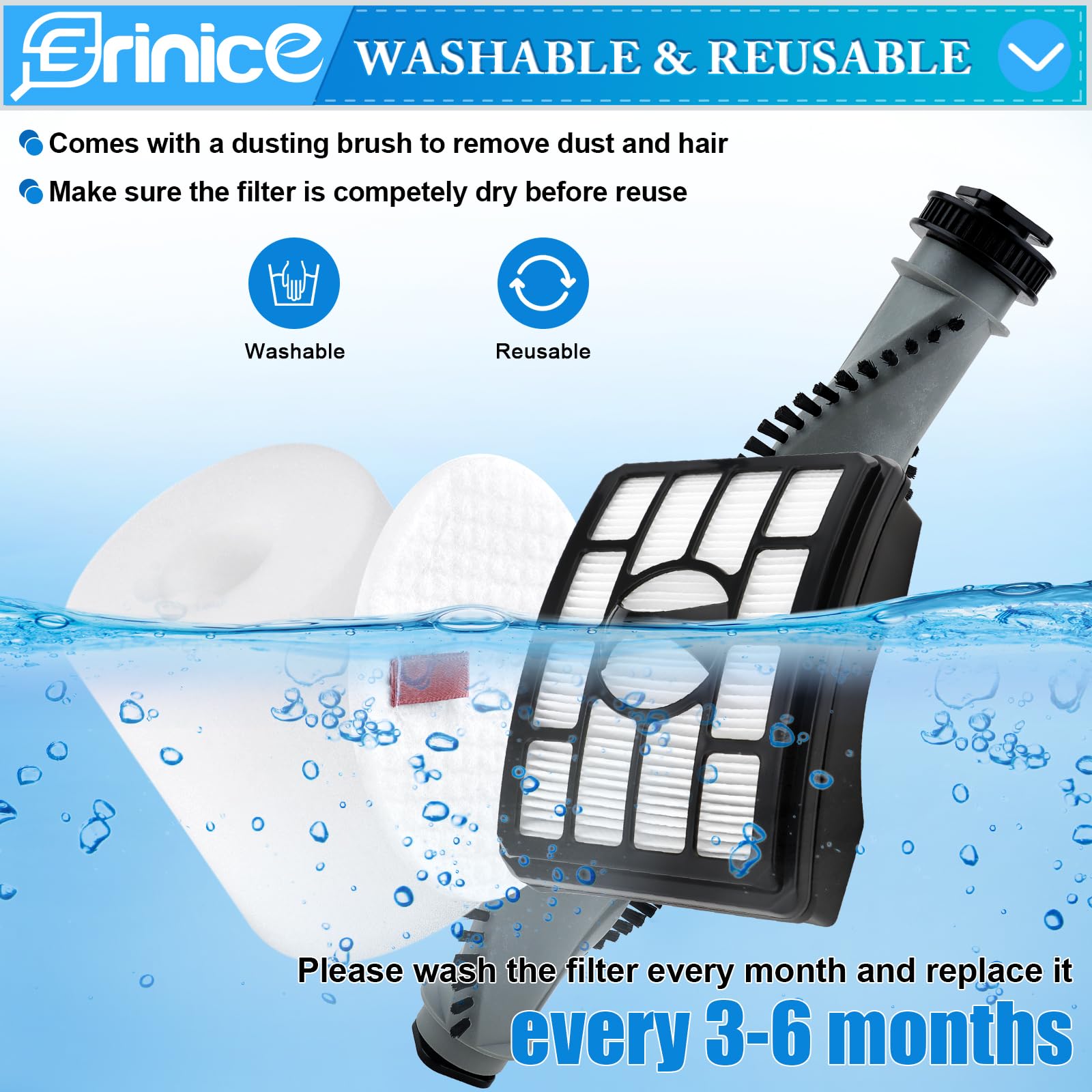 Erinice washable filter kit enables reusable maintenance for long-term cleaning optimization.