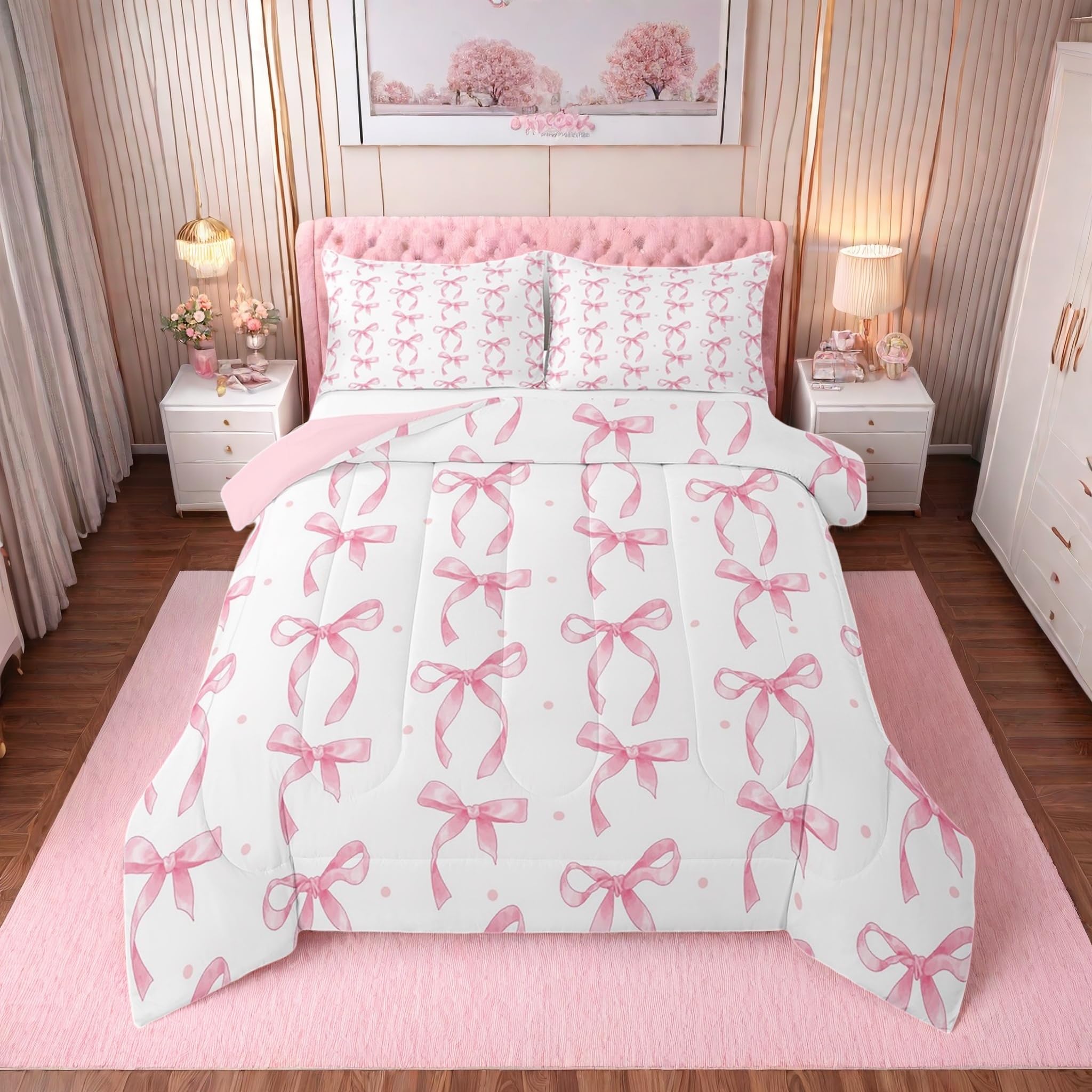 Erosebridal pink bow twin comforter close-up shows soft microfiber for cozy skin contact.