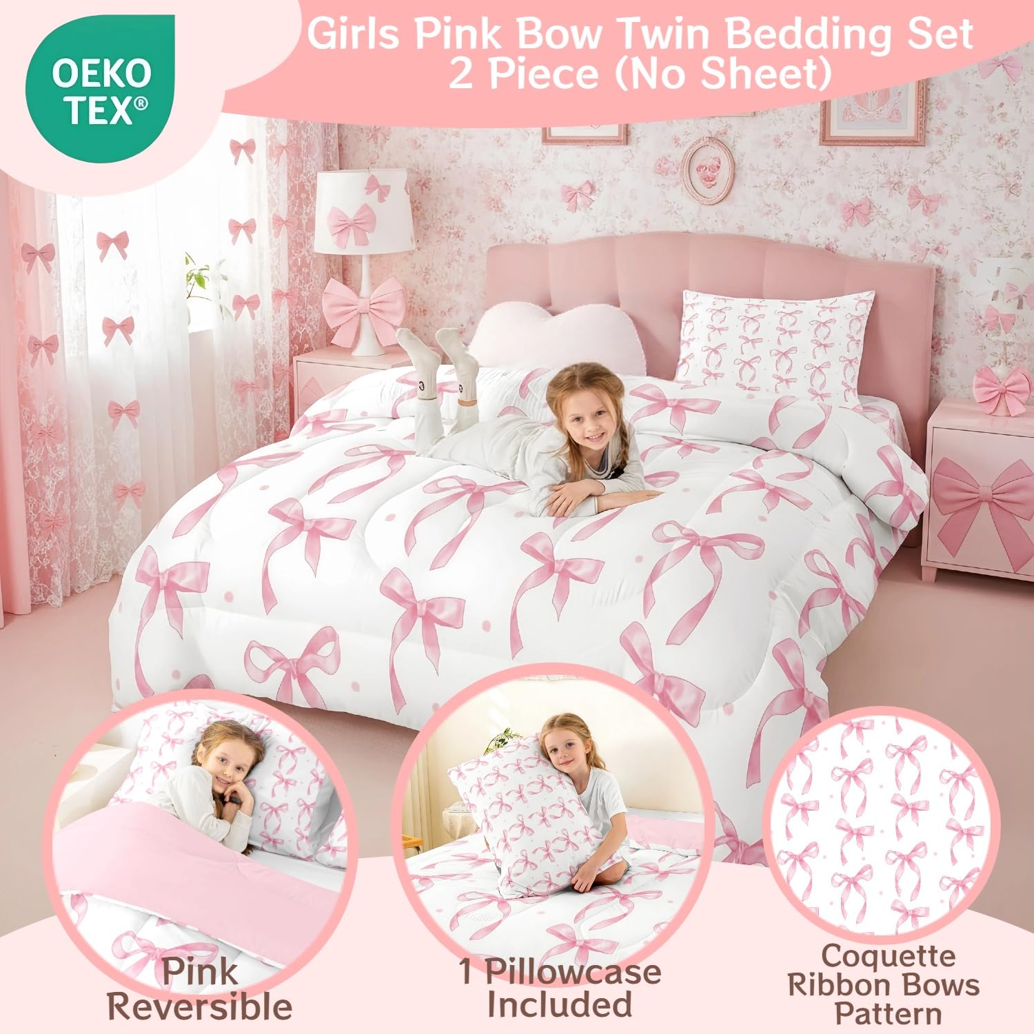 Erosebridal pink bow twin pillowcase complements the girly bedding look and keeps pillows clean.