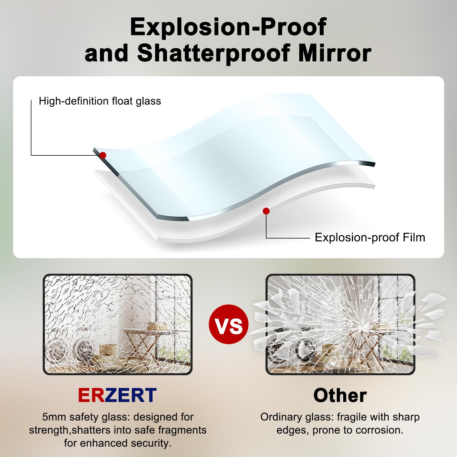 ERZERT high-definition glass provides bright, true reflections in the bathroom.