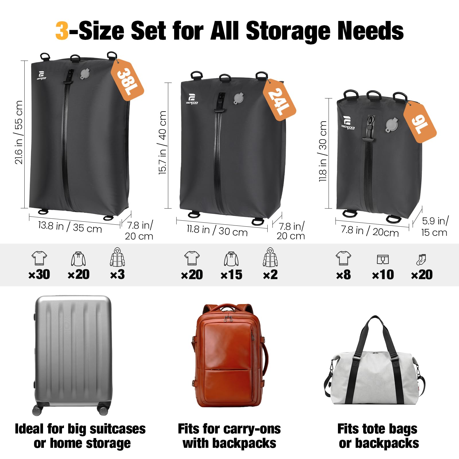 ESCRODOI IP67 waterproof vacuum bags protect clothing from rain and dust.