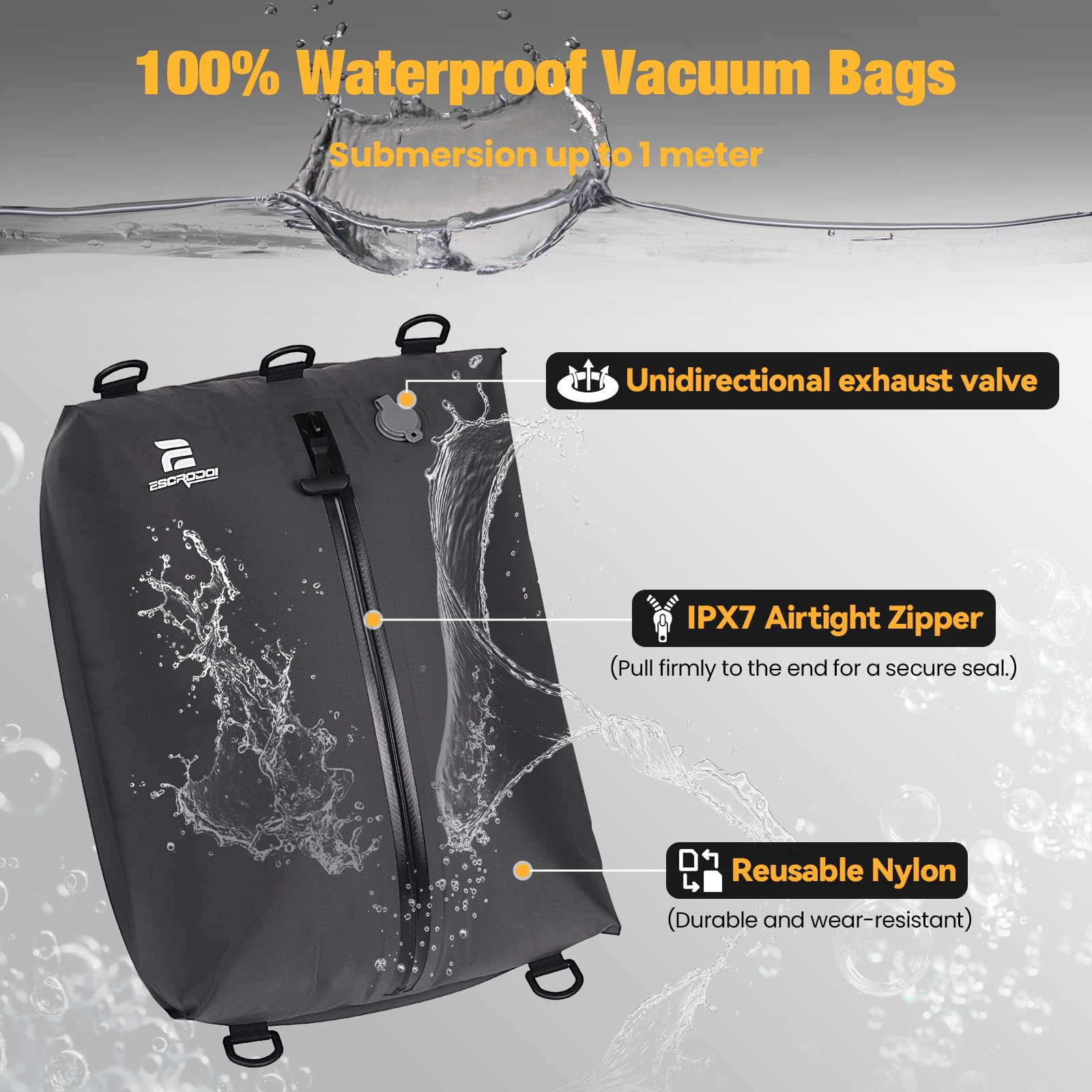 ESCRODOI sealed-zipper one-way valve keeps contents airtight and organized.