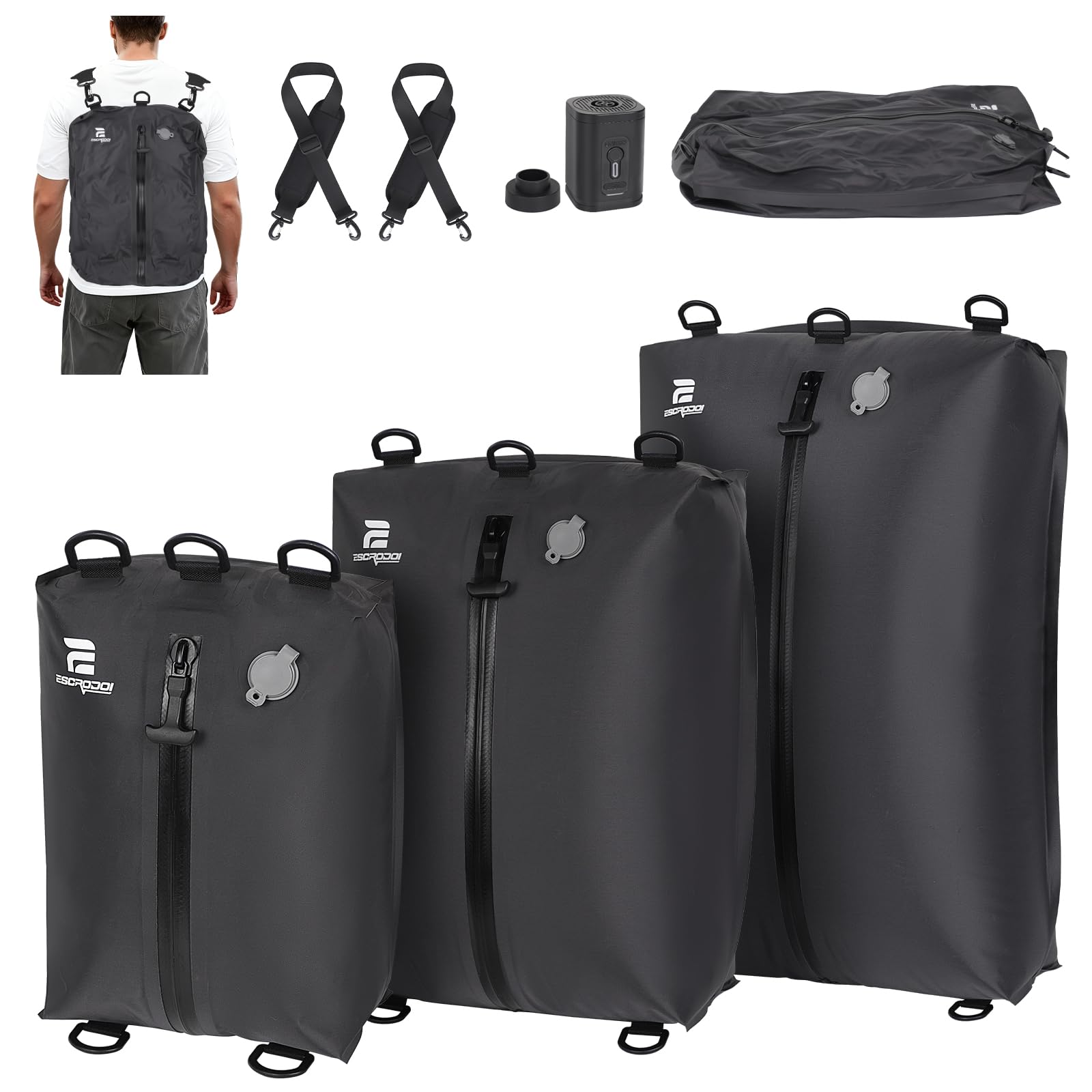ESCRODOI three-pack vacuum bags with pump for compact travel packing.