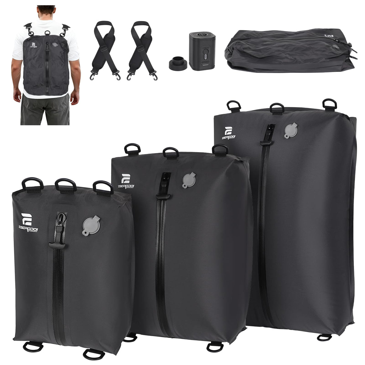 ESCRODOI three-pack vacuum bags with pump for compact travel packing.