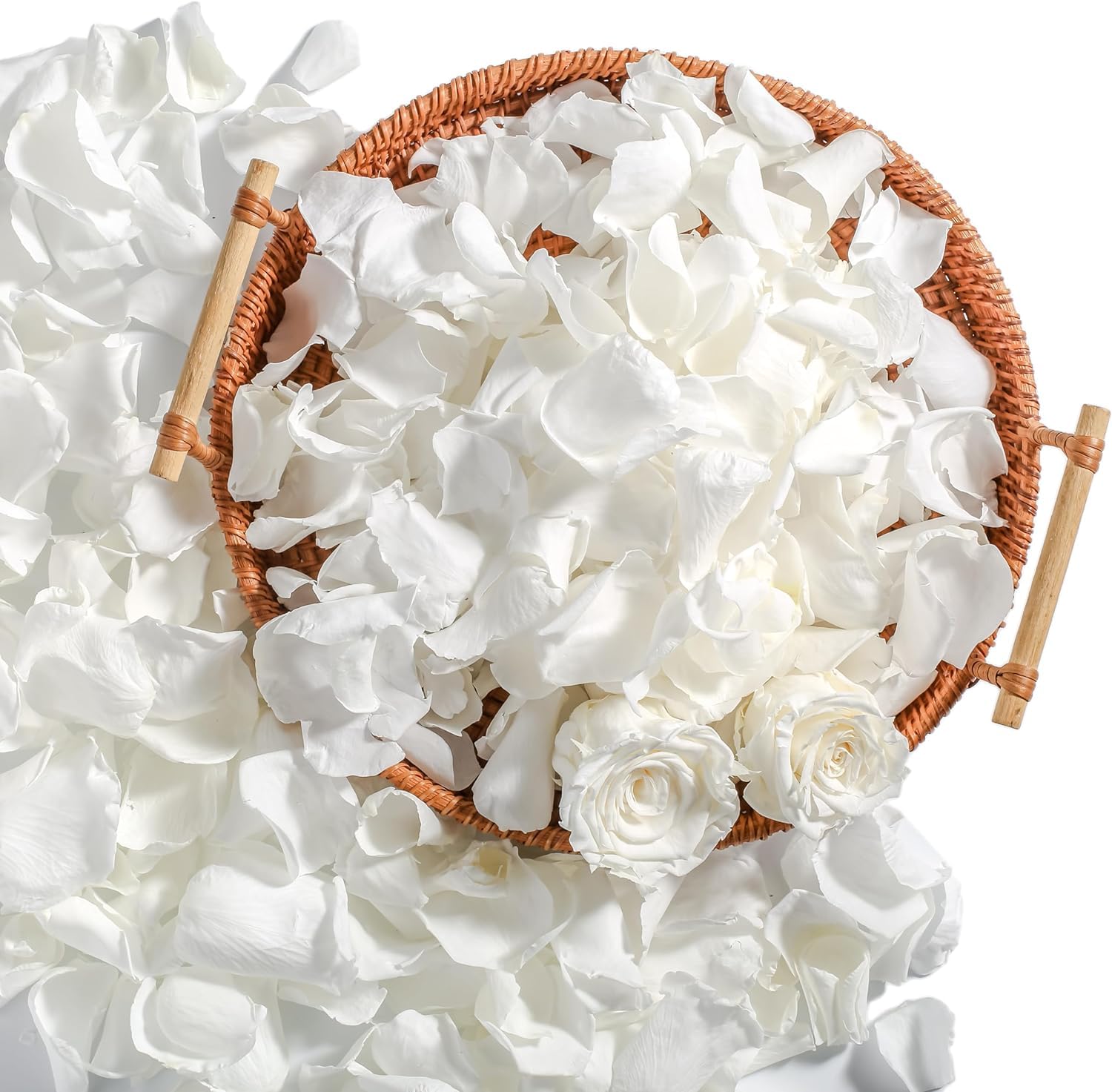 Eslibin real ivory rose petals on a table for elegant wedding decor.
