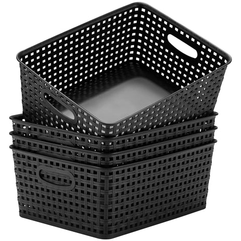 Eslite plastic storage basket in black on shelf for easy organization