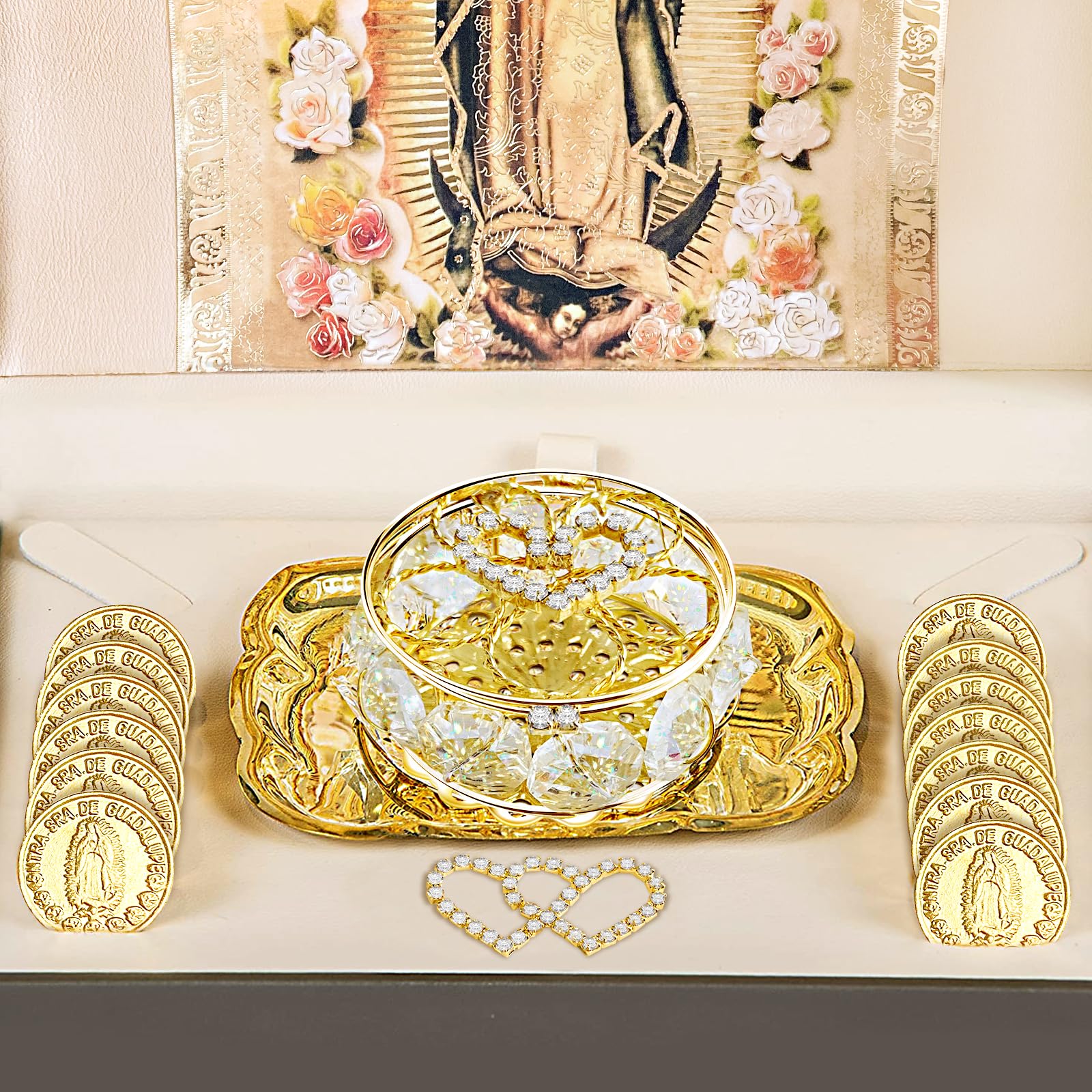 ESNOY Our Lady of Guadalupe design on tray and coins, symbolizing blessing during the ceremony