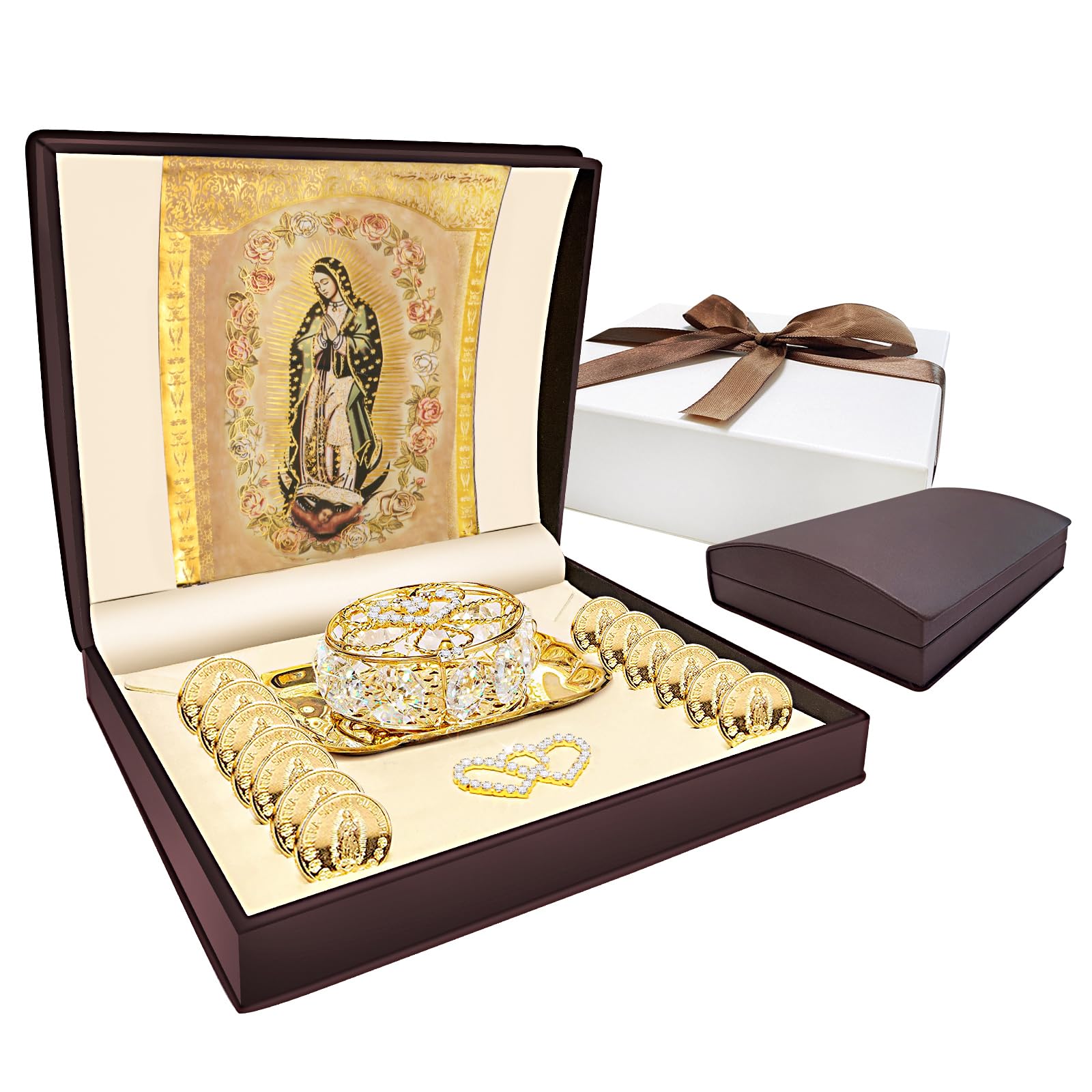 ESNOY wedding arras coins with Our Lady of Guadalupe tray for sacred ceremony symbolism