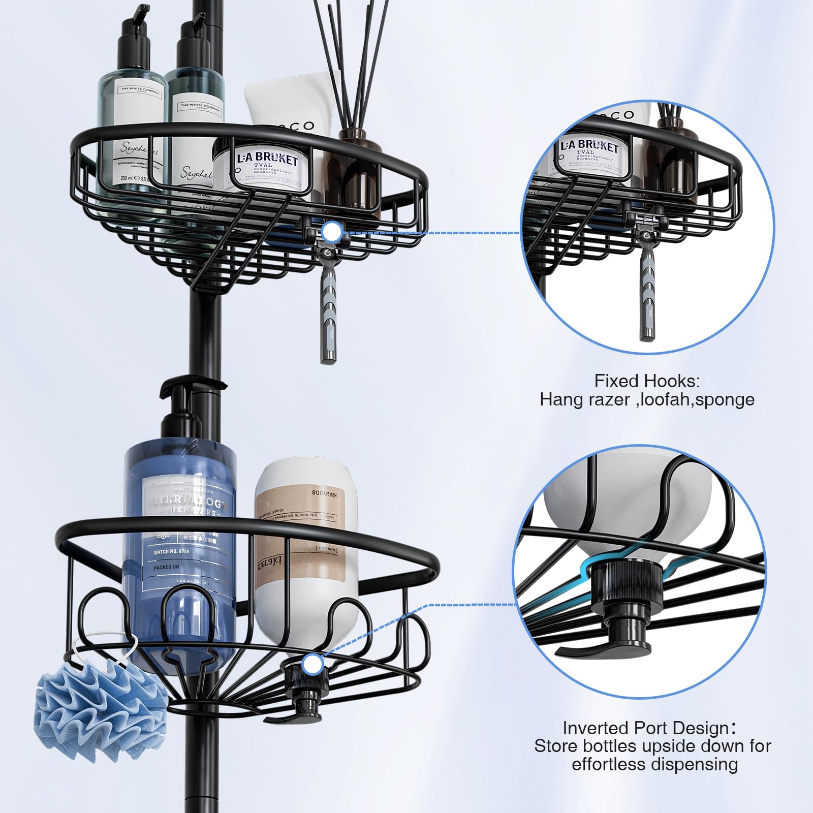 ESSEME black finish shower caddy adds sleek, space-saving style.