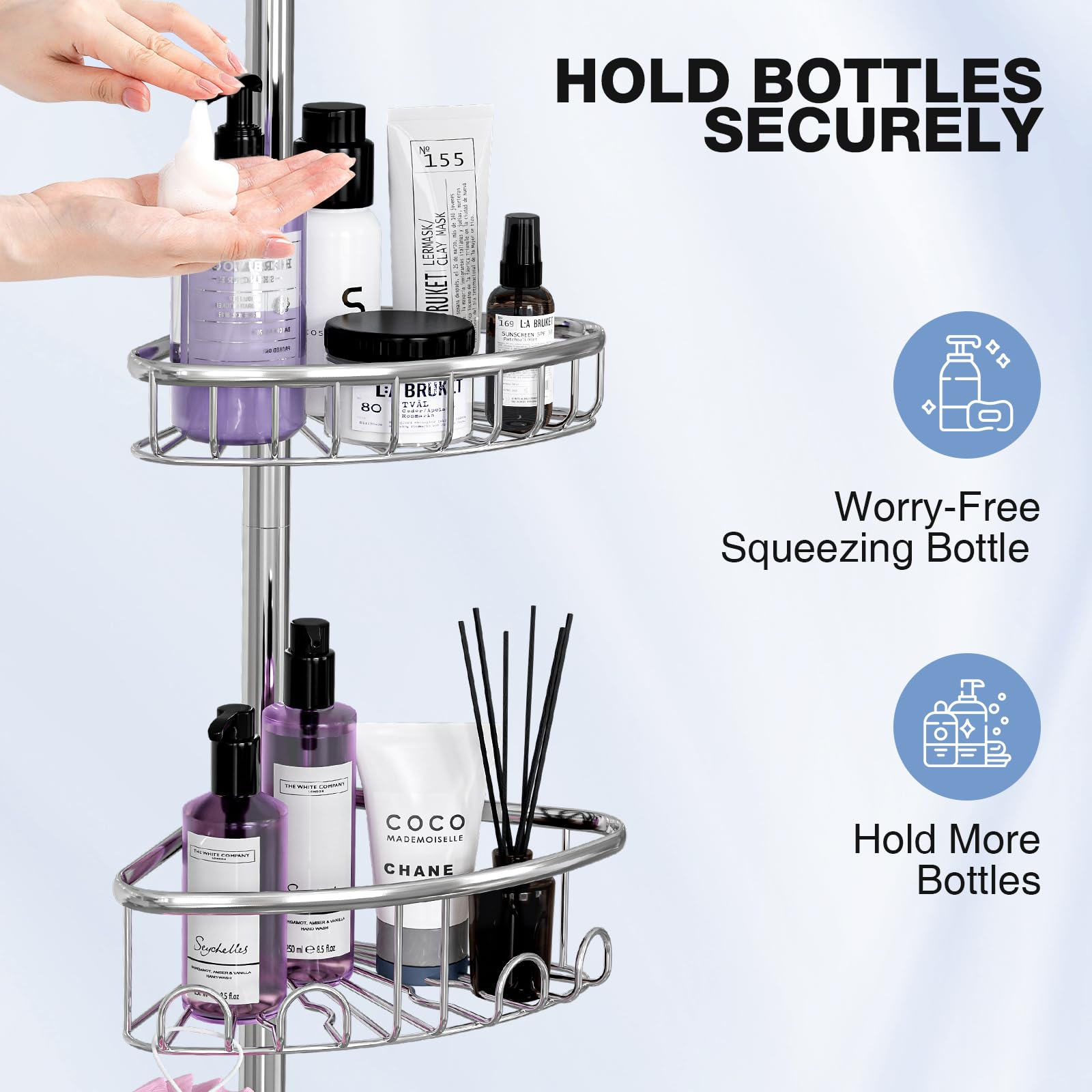 ESSEME corner shower caddy height-adjustable from 47 to 121 inches in a corner