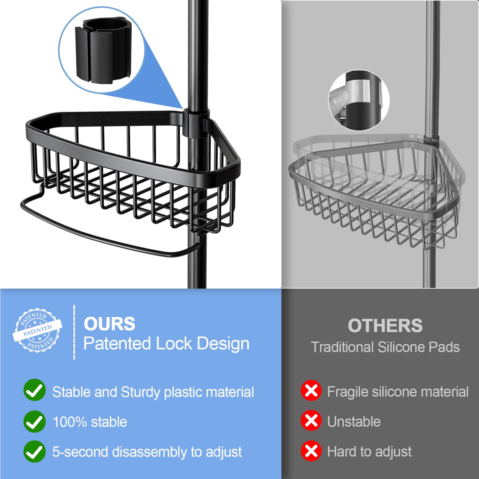 ESSEME Corner Shower Caddy hook section keeps razors and shower essentials organized.
