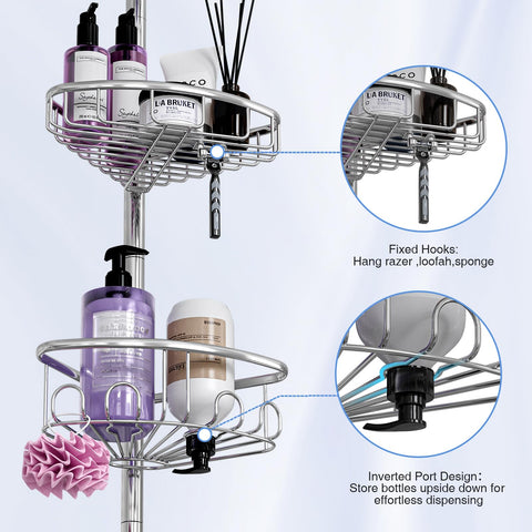 ESSEME corner shower caddy patented lock connector stabilizes baskets on the pole