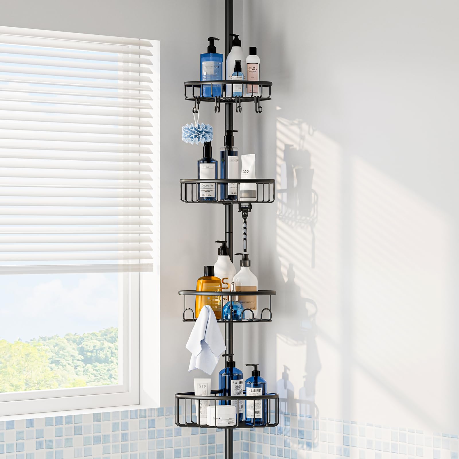 ESSEME corner shower caddy with pole assembly for clutter-free corners.